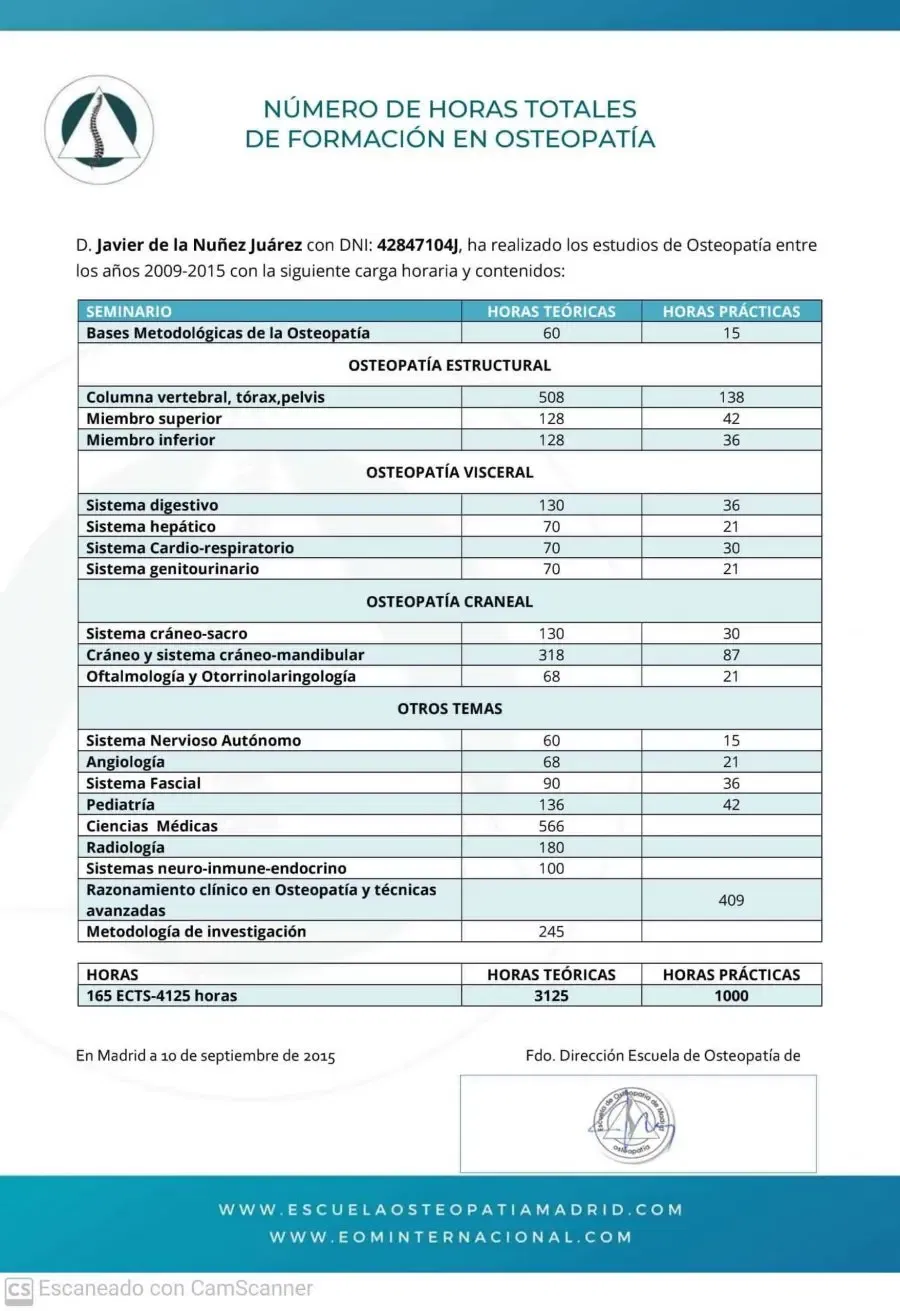 Certificado osteopatía Javier de la Nuez Clñinica en mairena Aljarafe
